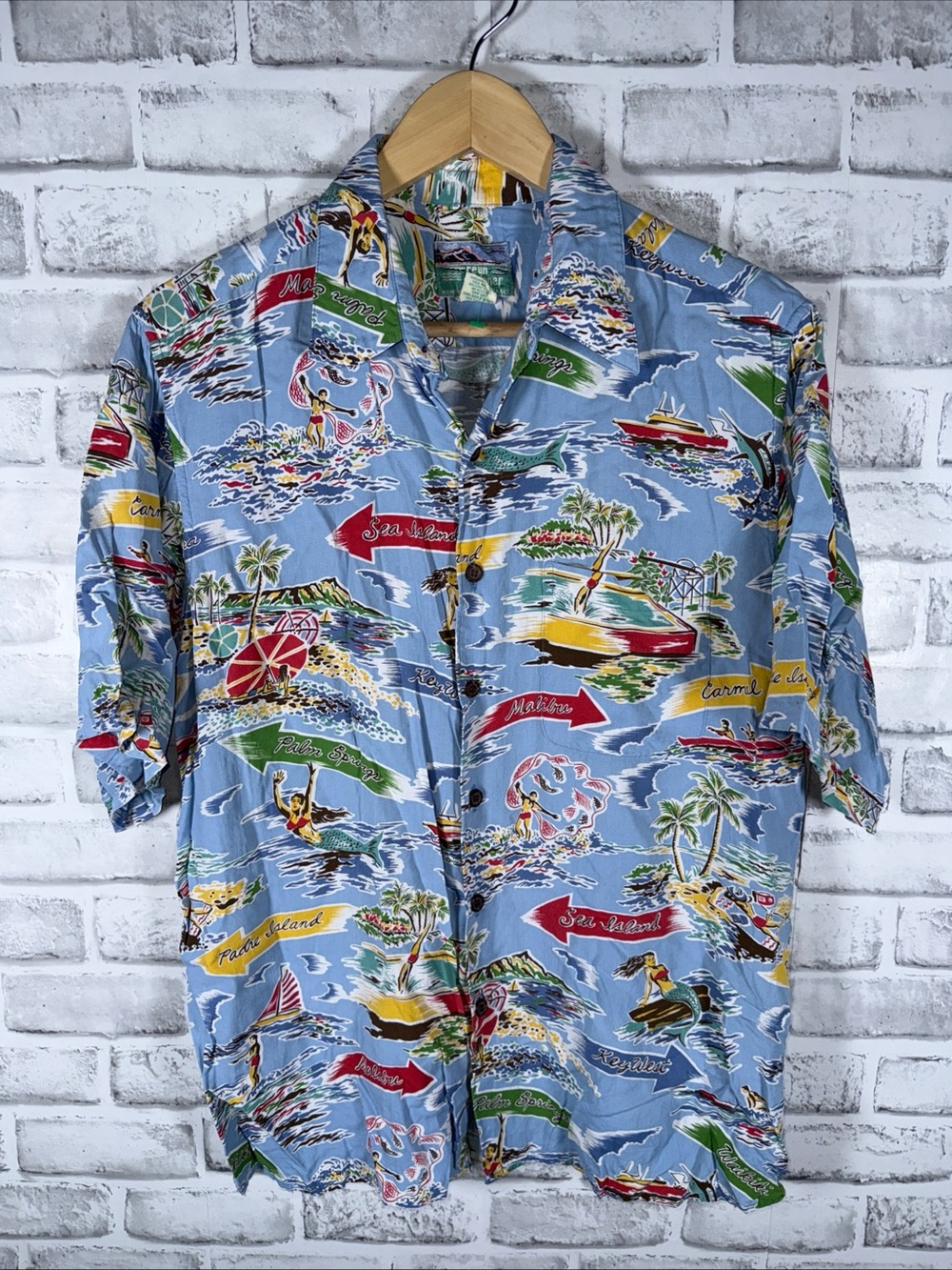 VTG REYN SPOONER Spun Cotton MALIBU PALM WEST Beach Print Hawiian Shirt Mens M